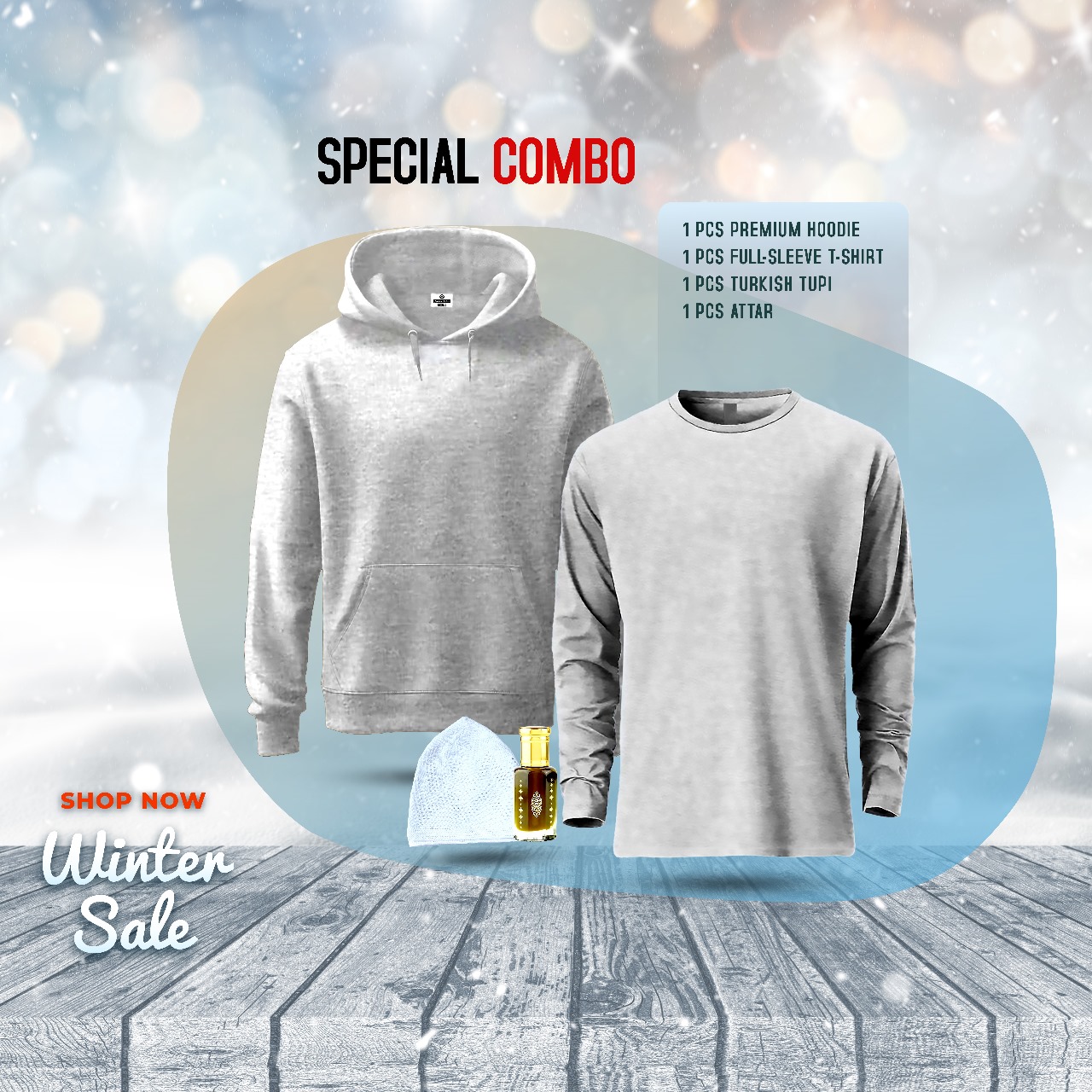 ১টি প্রিমিয়াম হুডি, ১টি প্রিমিয়াম ফুলহাতা টি'শার্ট, ১টি টুপি, ১টি আতর (কম্বো প্যাক)